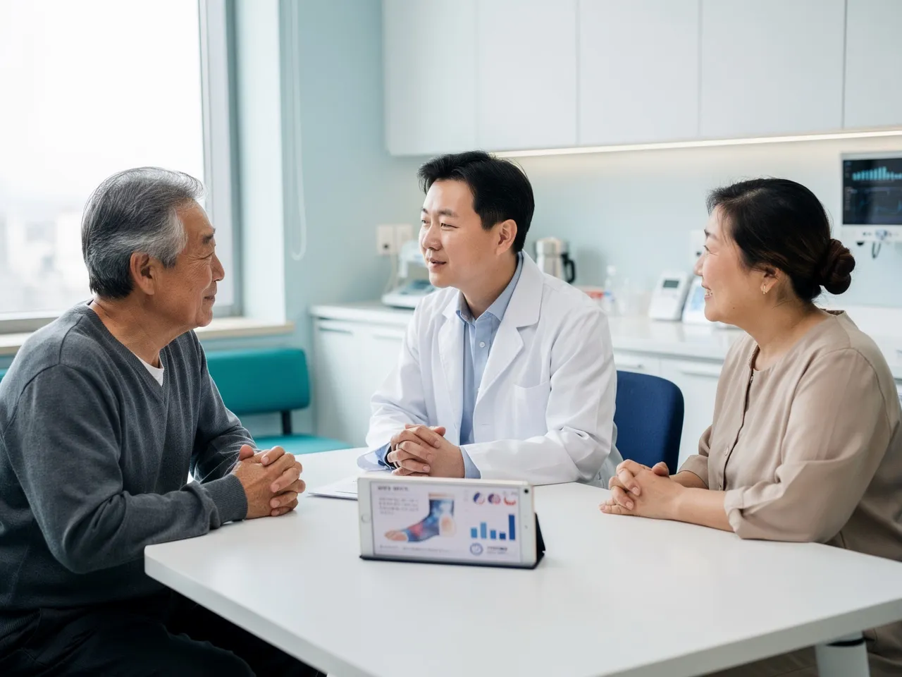 고령 환자와 보호자가 의사와 함께 발 건강 상담 자료를 확인하는 모습